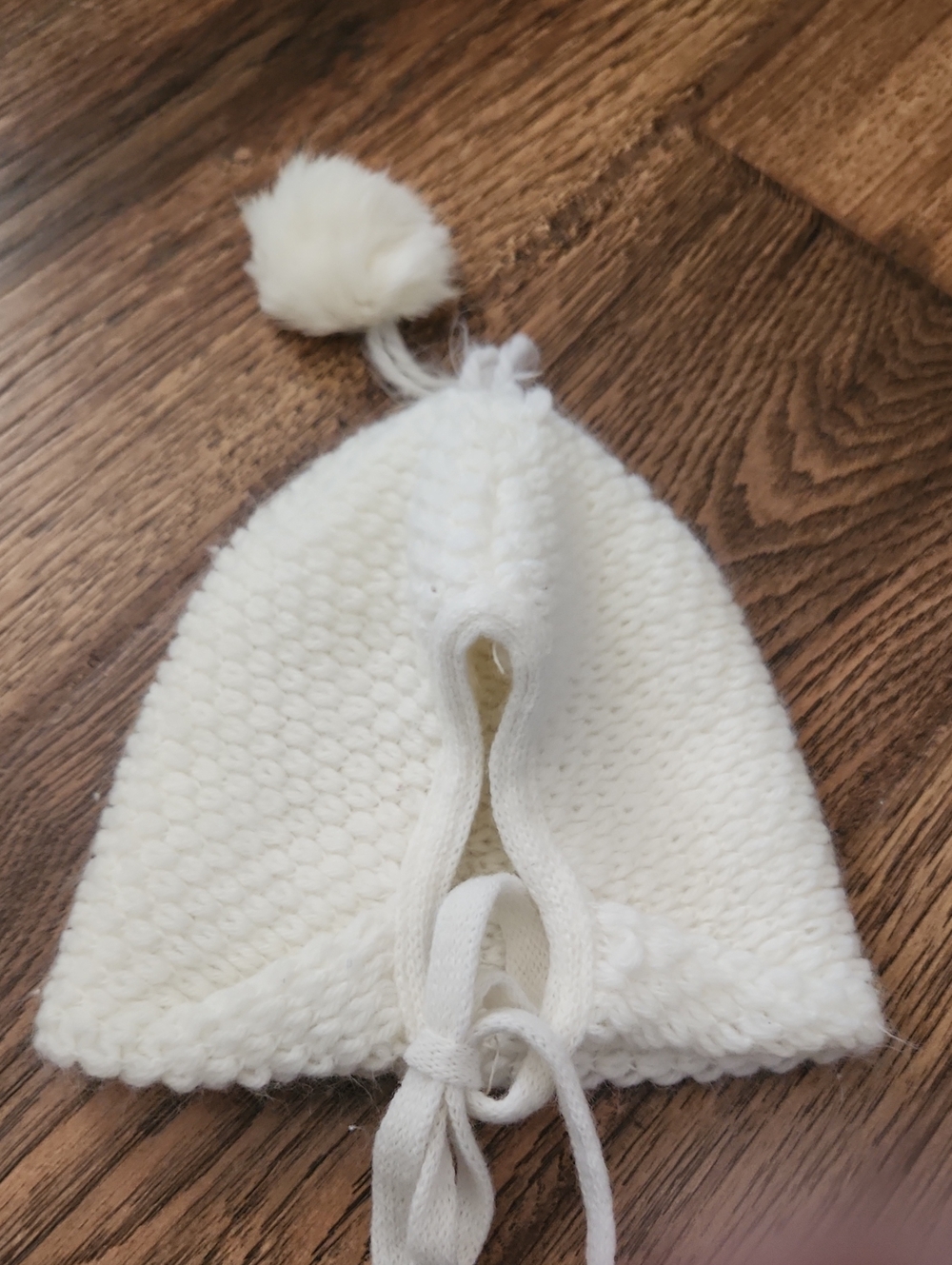 Cream Knit Vintage Pom-Pom Tie-Back Hat for Kids